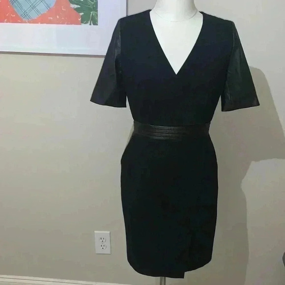 The Kooples Hopla Leather-Trim Faux Wrap Classic Mini Dress NWT - Picture 2 of 10